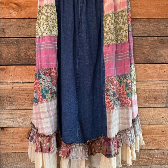 Young Threads Vintage Boho Patchwork and Denim Ruffled Midi Skirt Size 1X NWT - Picture 2 of 6
